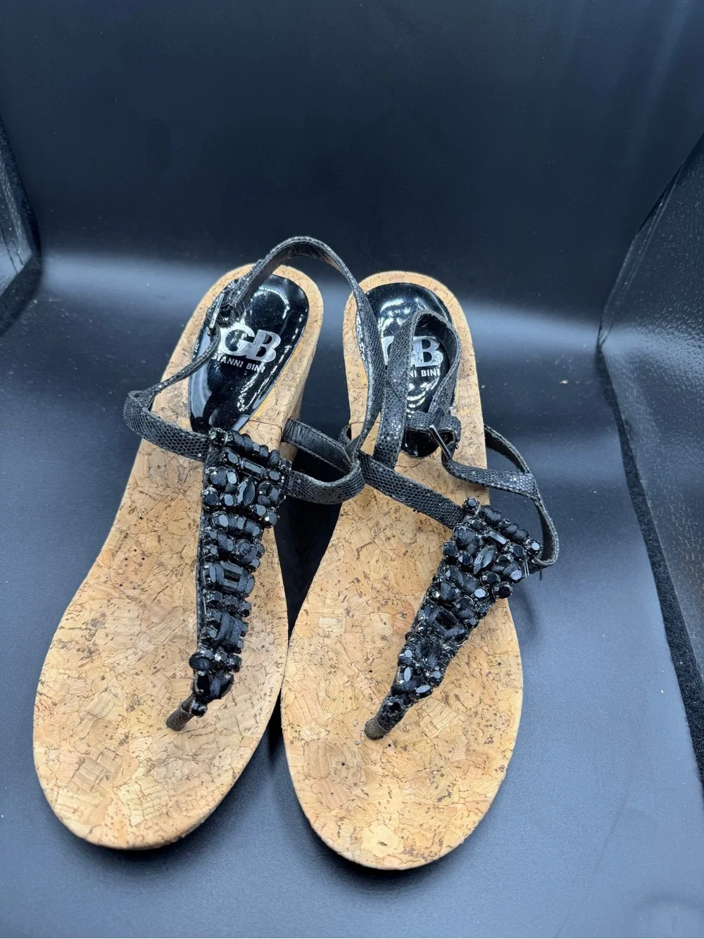 Gianni Bini Black Beaded Cork Wedge Sandals